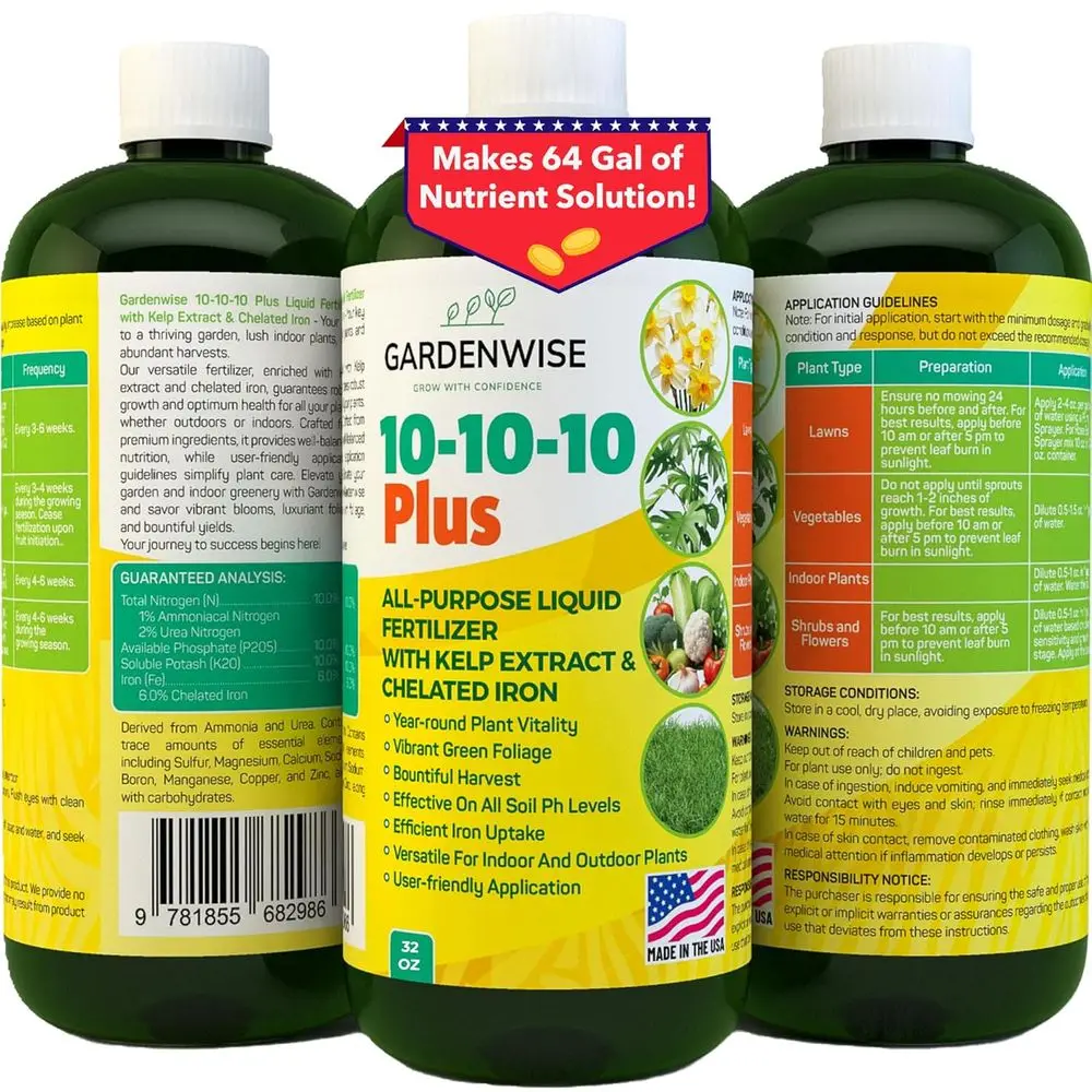 10-10-10 Balanced Nutrient Plant Food - Liquid Fertilizer with Seaweed and Iron for Indoor & Outdoor Plants, Vegetables, Flowers
