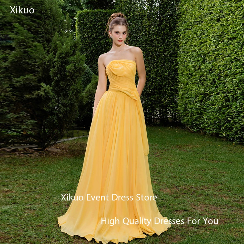 

Xikuo Graceful Yellow Chiffon Evening Gowns A Line Strapless Sukienki Wieczorowe Damskie Summer Pleated Party Dresses Customized