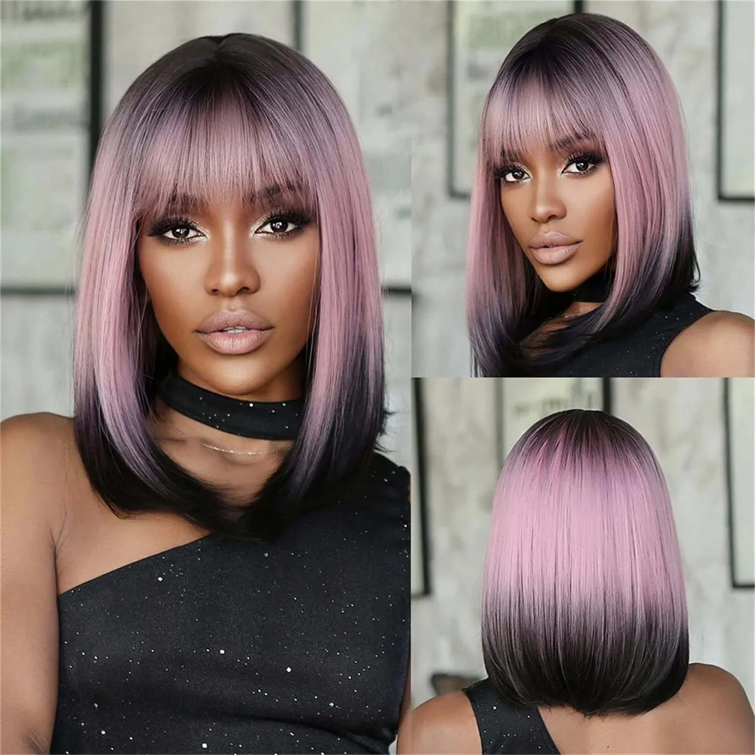 

Короткий прямой парик-боб с челкой, омбре, черно-розовый, для косплея, средней длины, термостойкий, для женщин, 14 дюймов