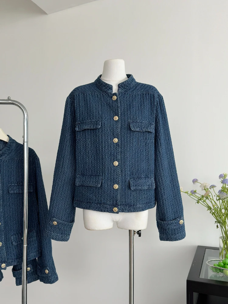 

Blue Denim Top Women Spring Classic Style Coat New Korean Fashion Chic Button Stand-Up Collar Female Ropa De Mujer Loose Jackets