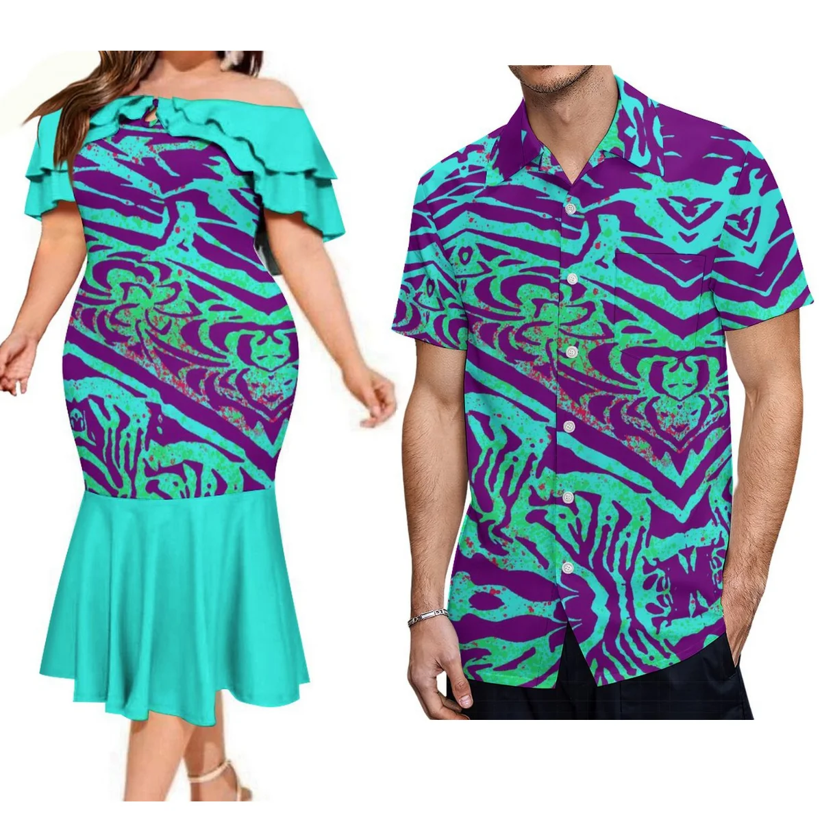 

Women'S Off-The-Shoulder Ruffled Neck Dress Fashion Fishtail Skirt Matching Hawaiian Men'S Beach Shirt Pacific Island Design