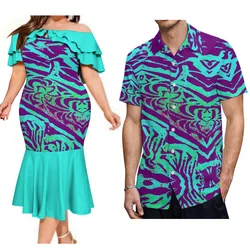 Women'S Off-The-Shoulder Ruffled Neck Dress Fashion Fishtail Skirt Matching Hawaiian Men'S Beach Shirt Pacific Island Design