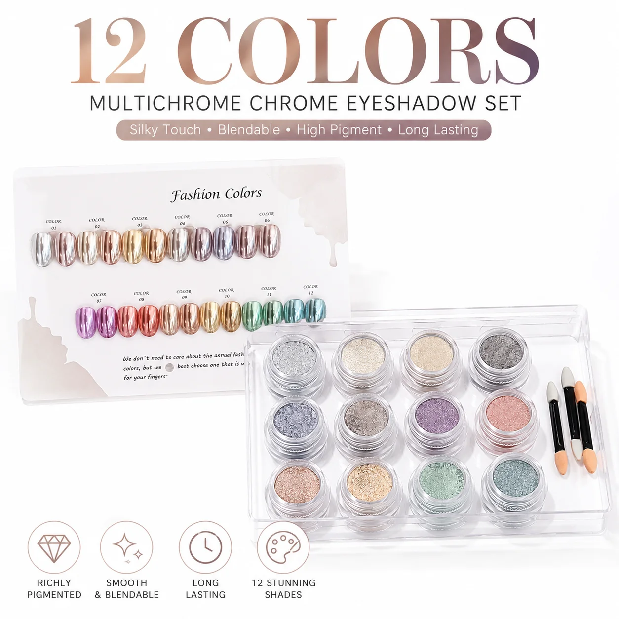 12PCS Aurora Pearl Chrome Nail Powder Complete Kit with Storage Case, Color Display Card & Dual-Ended Applicators, Ultra Fine Ir