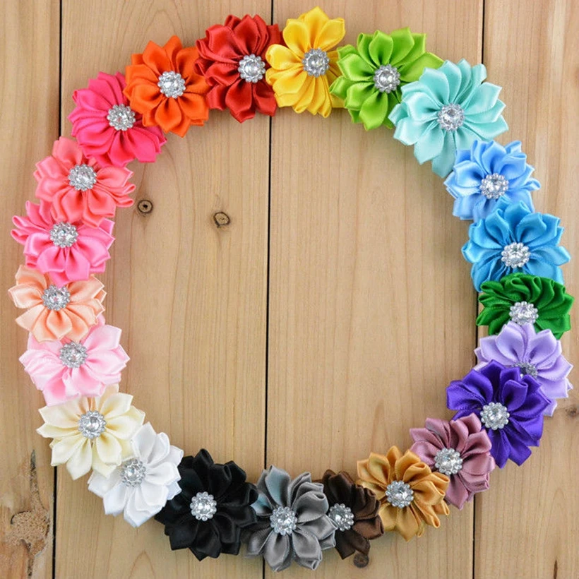 

40pcs/lot 4CM Mini Polyester Ribbon Polygonal Flowers With CZ Diamond In Center Girls Hair Accessories Bulk For DIY Headband
