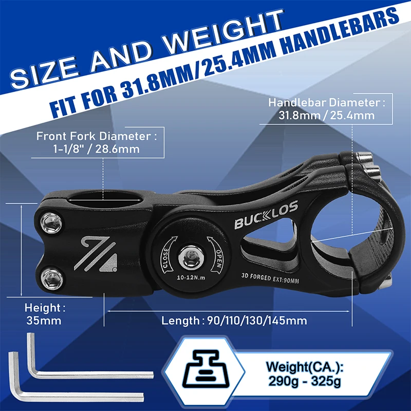 BUCKLOS MTB Handlebar Stem 3D Forged Aluminum Alloy 31.8mm Bicycle Handlebar Stem 90/110/145mm ±80° Adustable Bike Stem MTB Part