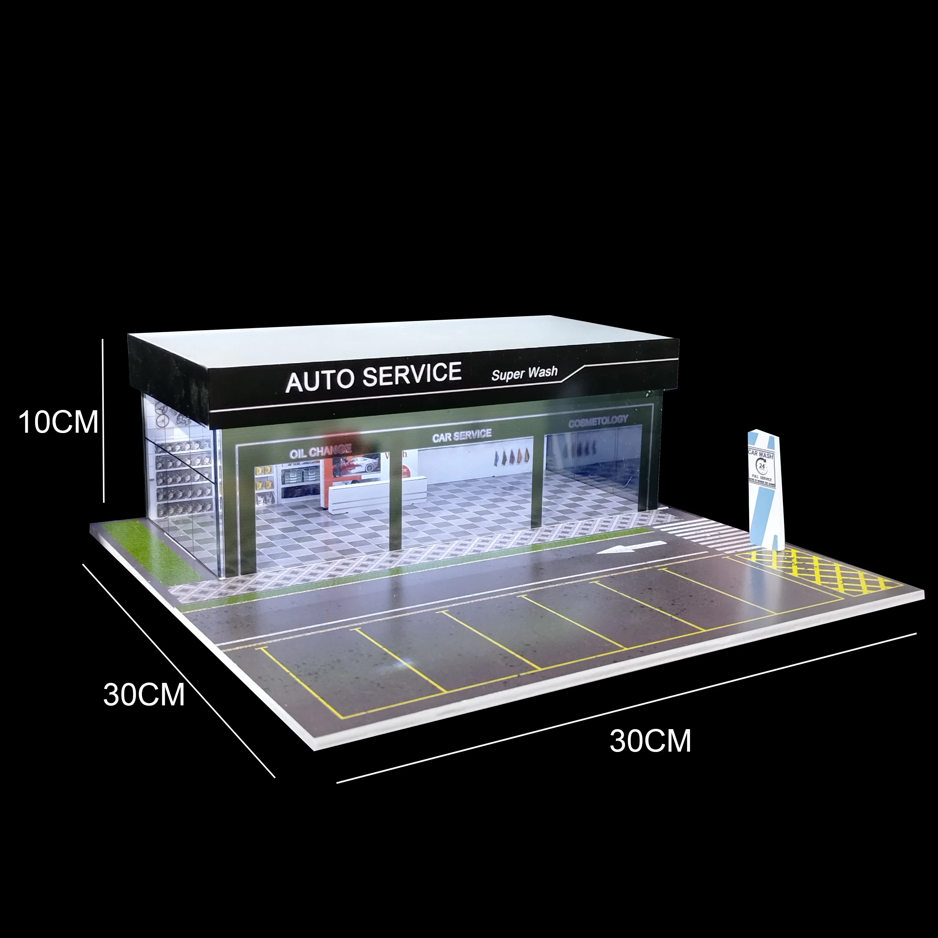 โมเดลโรงรถจำลองขนาด 1/64 พร้อมไฟ LED แบบ USB สำหรับรถฮอทวีลส์และรถโมเดลอื่นๆ พร้อมตู้โชว์หลายฉาก