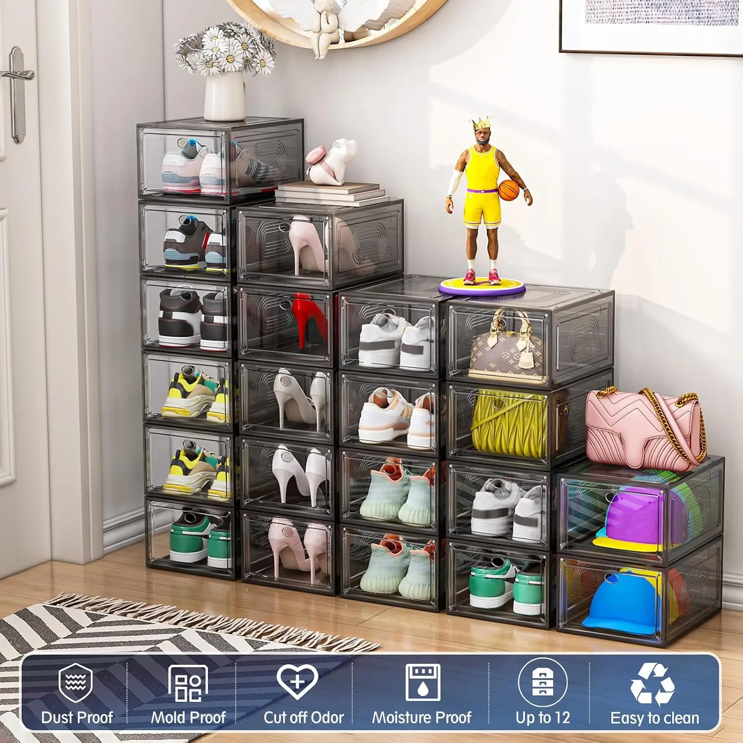 Sturdy Stackable Shoe Storage Box With Magnetic Door, Thicken Sneaker Container Fit US Size 12, 10 Pack, Black, Customized