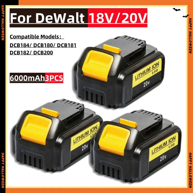 

for DeWalt DCB200 18V/20V 6000mAh Lithium Replacement Battery For Dewalt DCB184 DCB200 DCB182 DCB180 Tool Screwdriver Battery