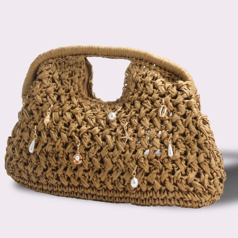 

Hollowed-out Design Summer New Women's Straw Woven Handbag Travel Vacation Fashionable Beach Bag Vacation Clip Banquet Bag