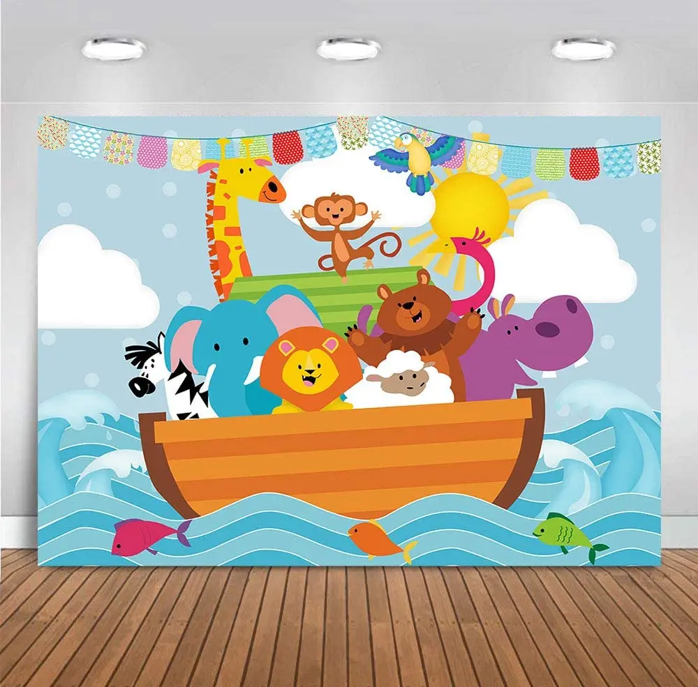 

Cartoon Noah's Ark Sea Photography Backdrop Wild Safari Animals Zoo Photo Background Children Baby Birthday Shower Party Banner