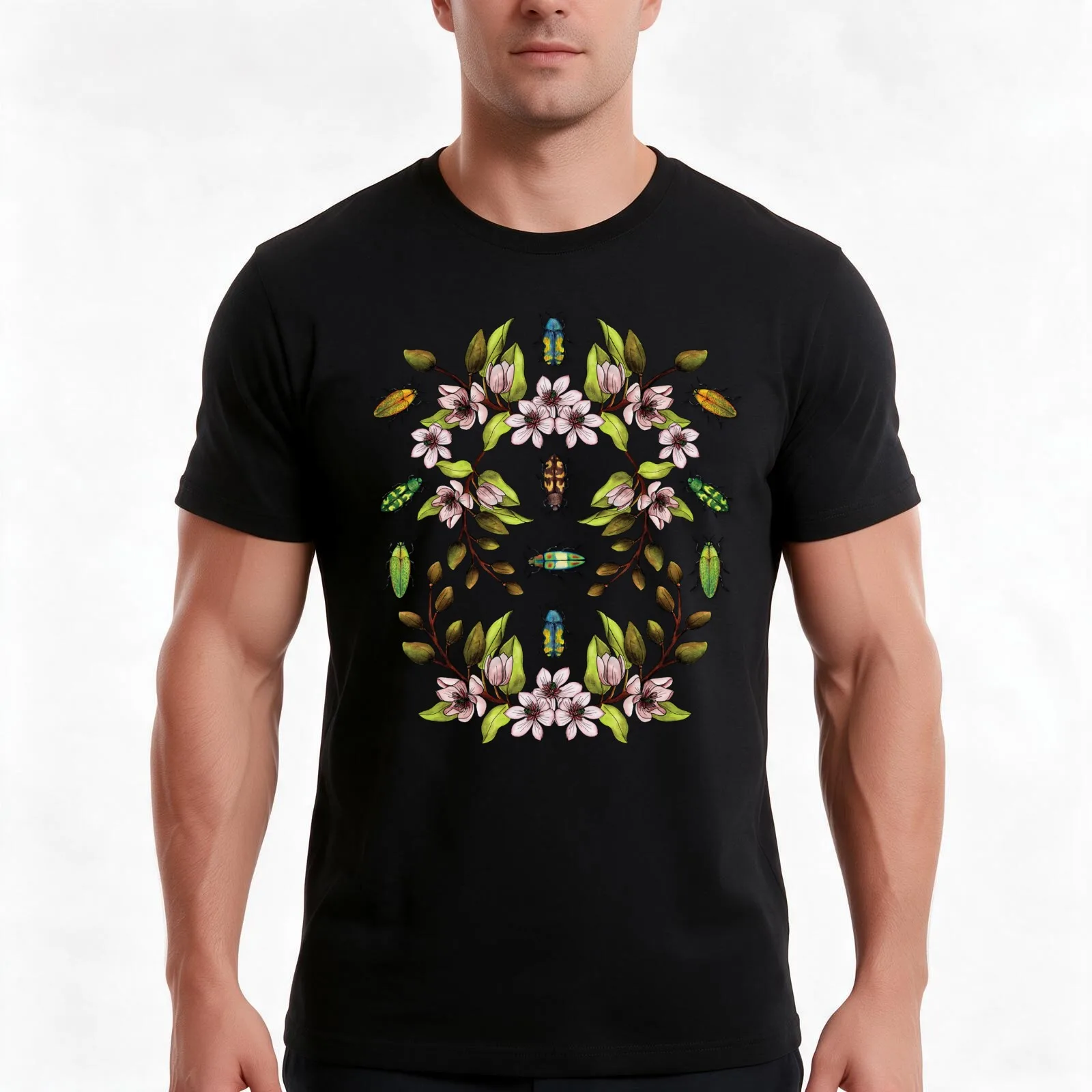 Jewel Beetles - Insect Pollinators with Magnolia Figo/Banana Shrub Flowers T-Shirt, Summer Casual Cotton Tee, Unisex Men Women