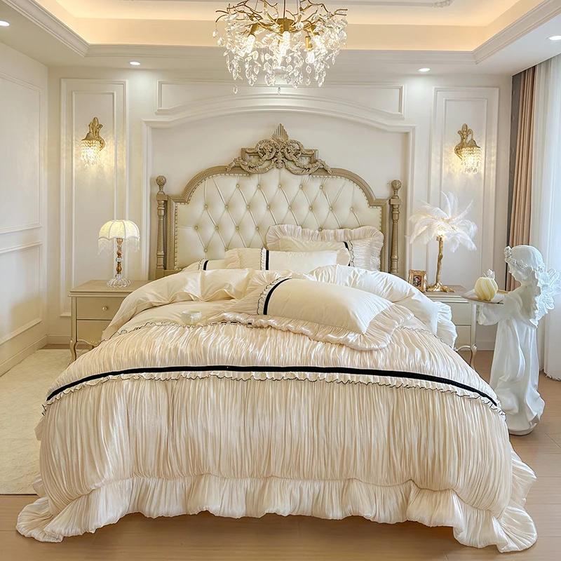

4/6Pcs French Style Princess Style Lace Ruffles 100% Cotton Bedding Set Duvet Cover Fitted Sheet Bed Skirt Pillowcases