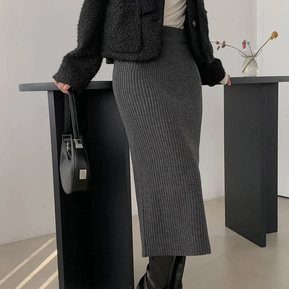

REALEFT Autumn Winter High Waist Vintage Knitted Women's Wrap Skirts 2025 New Solid Korean Sheath Pencil Midi Skirts Female