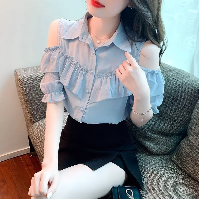 Women\'s Summer Fashion Simplicity Solid Color Polo Collar Short Sleeve Chiffon Shirts Women Clothes Temperament Casual Tops