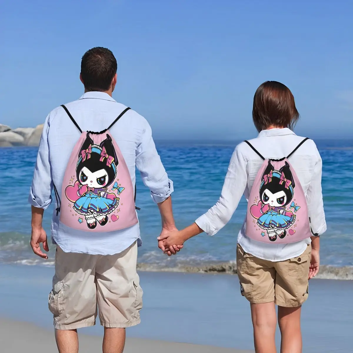 カスタム漫画ウサギクロミ巾着バックパックバッグ女性男性軽量ジムスポーツサックパック袋ショッピング用