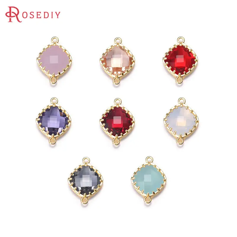 

4PCS 13x18MM High Quality 18K Gold Color Plated Brass with Colourful Glass Beads 2 holes Square Connect Charms Accessories