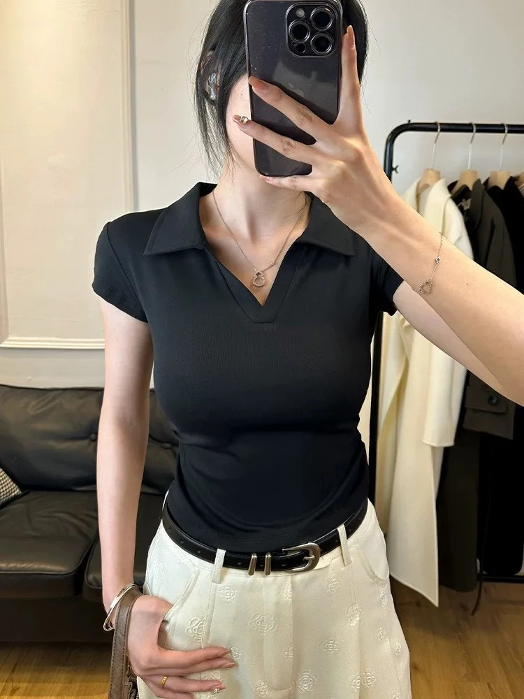 Cotton Summer  Women's T Shirt Skinny Slim Basic Solid Crop Top Short Sleeve Polo TShirtCasual Top Tee for Women