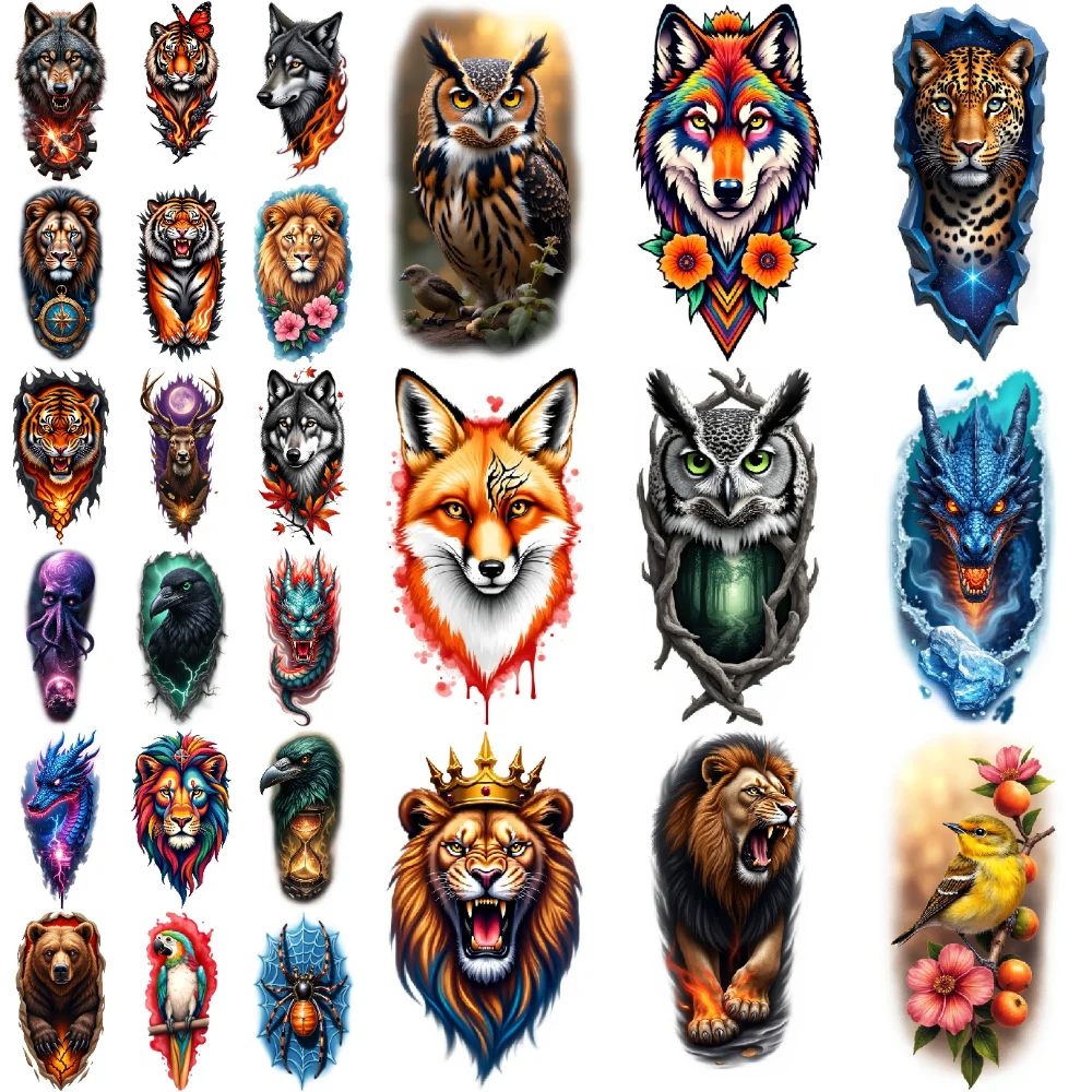 9 Pcs Realistic Temporary Tattoo Stickers Waterproof Wild Animal Lion Tiger Wolf Eagle Fake Tattoos for Adults Body Art Decals