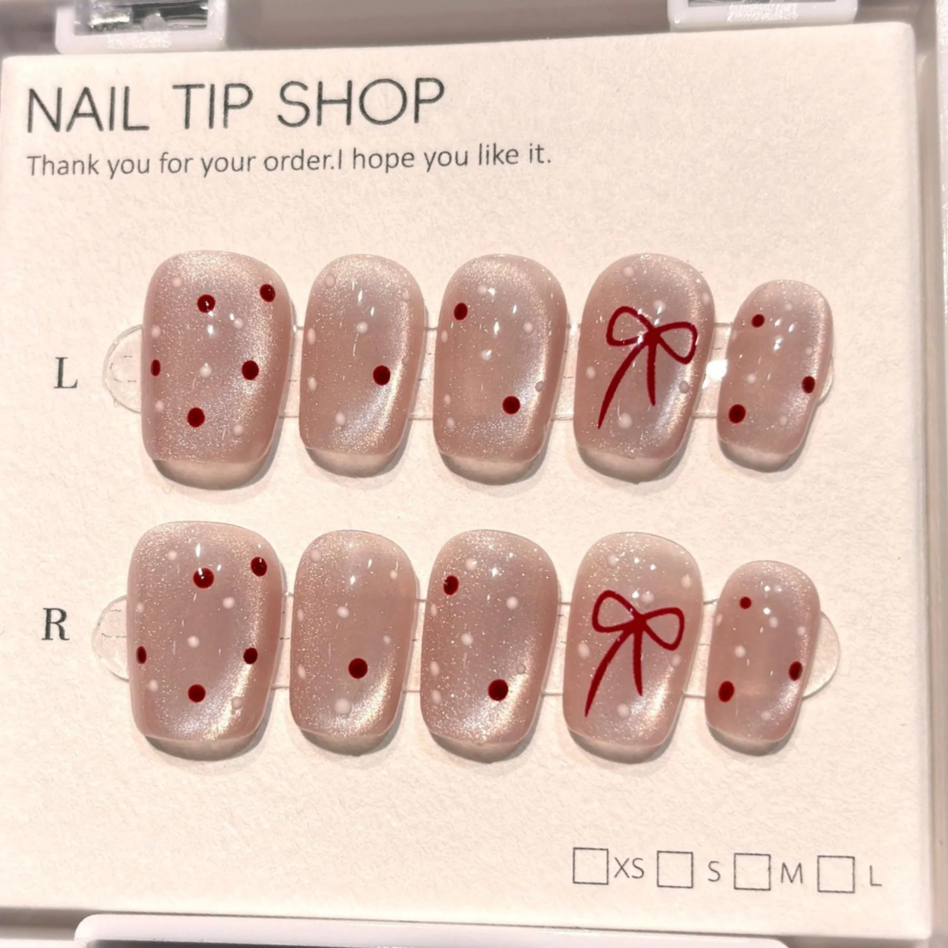 

10 шт. накладных ногтей «Кошачий глаз» ручной работы, с бантиком и точками, розовые, с желейным клеем, простые короткие балетные, многоразовые