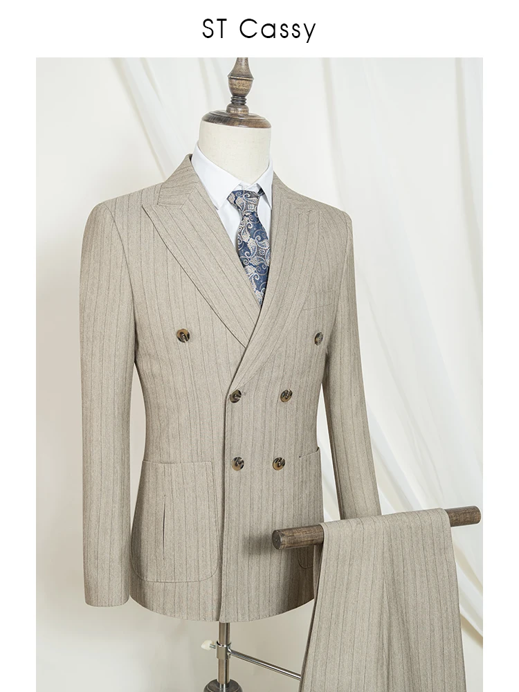 

ST cassy khaki Men's Suit 2 Piece Set Double Breasted Fashion Stripe Wedding Groom costume leisure office Business Suit