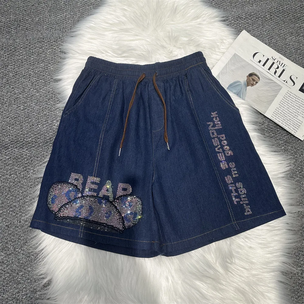 Large Size New Spring Summer Wide Leg Casual Women Denim Pants All-match Cartoon Hot Diamonds Elastic Waist Straight Hot Shorts
