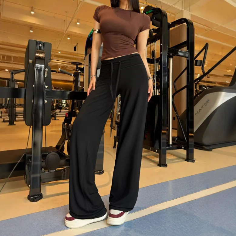 Women Solid Wide Leg Pants Straight Trousers Full Lenth Mid Drawstring Waist High Strech Loose Office Lady Casual 2026 Spring