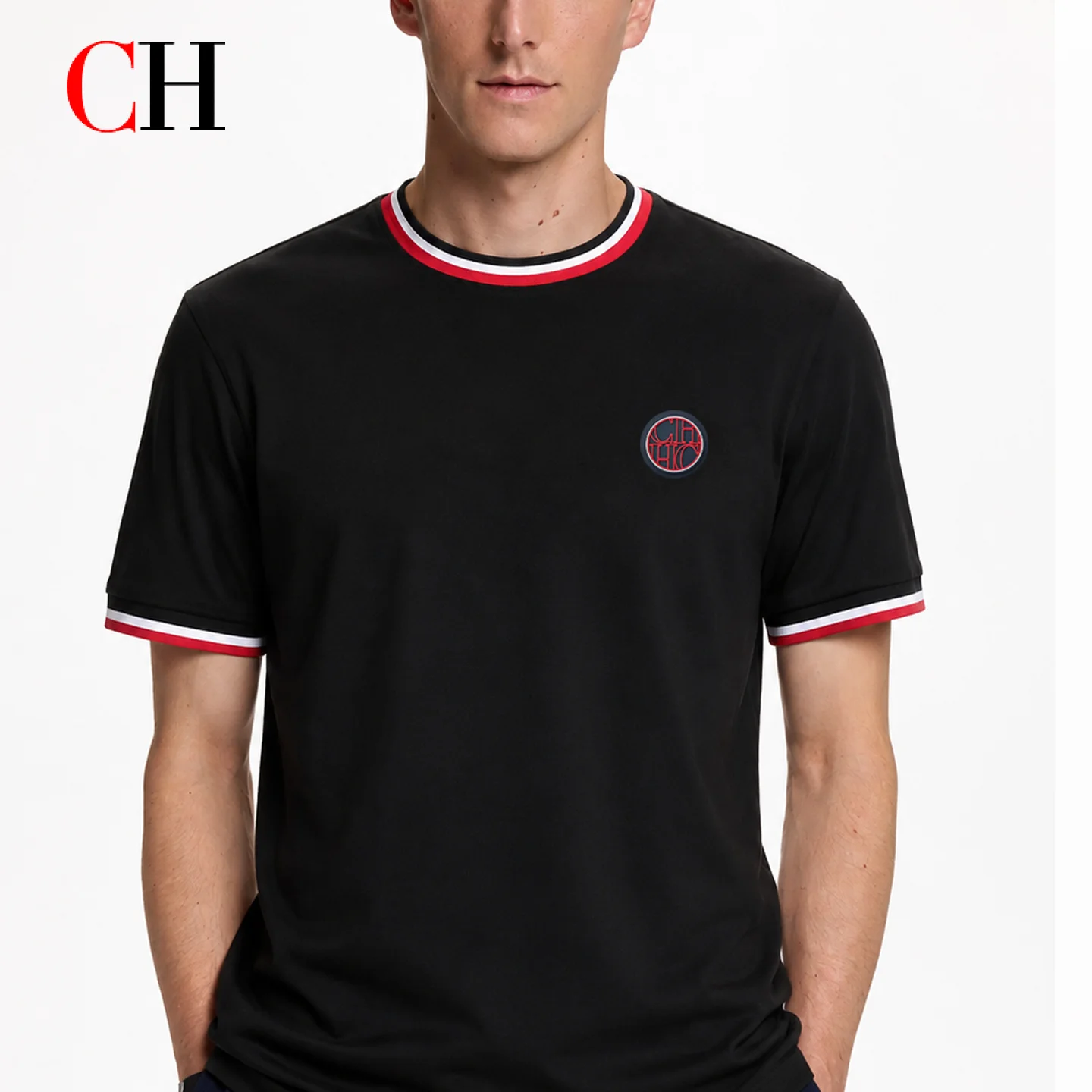 CH Men's Black T Shirt Red White Contrast Trim Short Sleeve Tee Casual Streetwear Crew Neck TopSummer Fashion Clothing