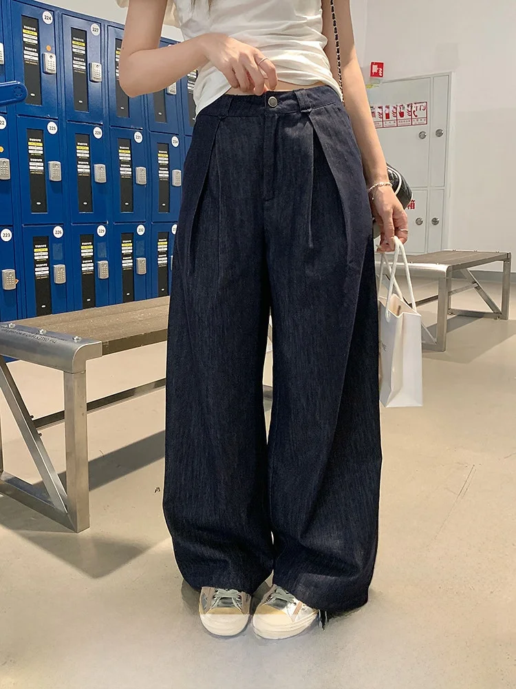 

Ретро джинсы с широкими штанинами, синие, женские, повседневные, свободные, с высокой талией, удлиненные, летние, свободного кроя, с множеством карманов, с высокой талией