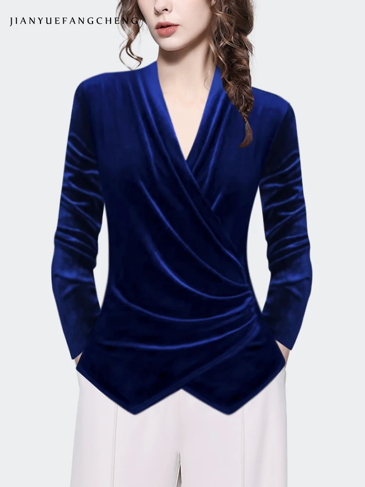 Light luxury high-end blue velvet shirt for women in the spring and autumn of 2025, fashionable cross V-neck top