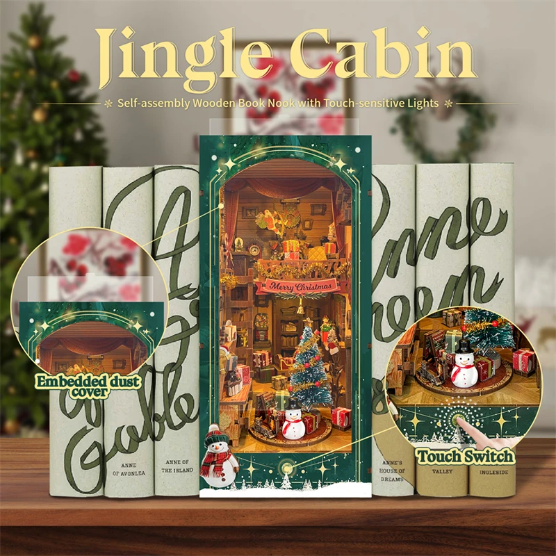 Estante De Madeira Com Luz LED, DIY Livro Nook, Prateleira Insert Kits, Modelo Em Miniatura Kit, Jingle Cabin, Bookend Natal, Home Decor