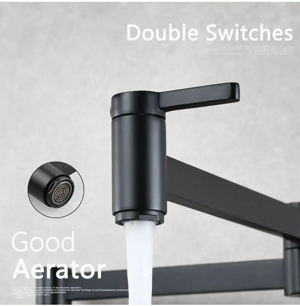 Black Pot Filler Tap Kitchen Water Faucets Wall Mount Bathroom Basin Faucet Cold Water Folding Spout Brass Vanity Sink Crane Tap view 2