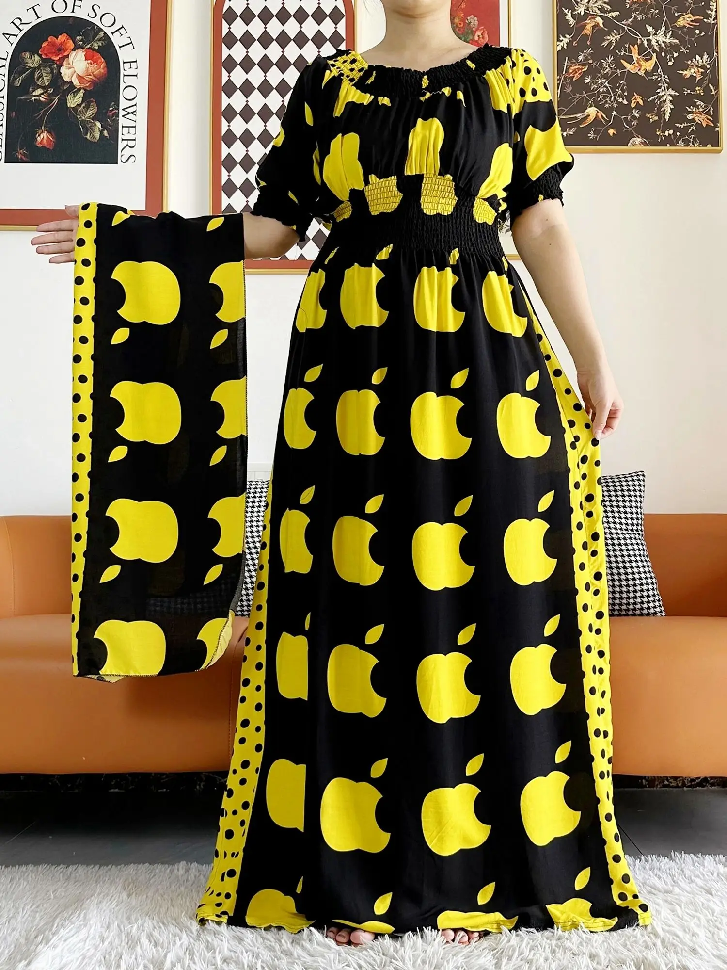 African Women Dashiki 100%  Cotton Floral Dress Printing Apple Design Short Sleeve Collect Waist Straight Loose African Clothing