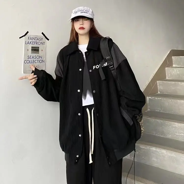 Gidyq Women Corduroy Baseball Jacket Autumn Korean Fashion Patchwork Loose Outerwear Female Casual All Match Streetwear Coat New