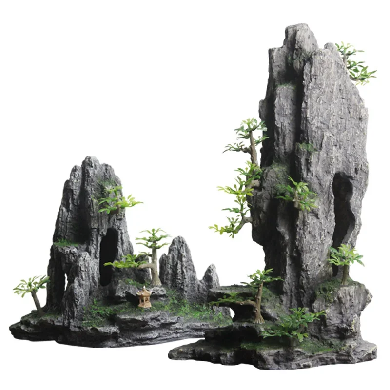 Rockery Mountain Resin Aquarium Landscape View Decoration Hill Hanging Bridge View Ornament Resin Fish Tank Decoration Large