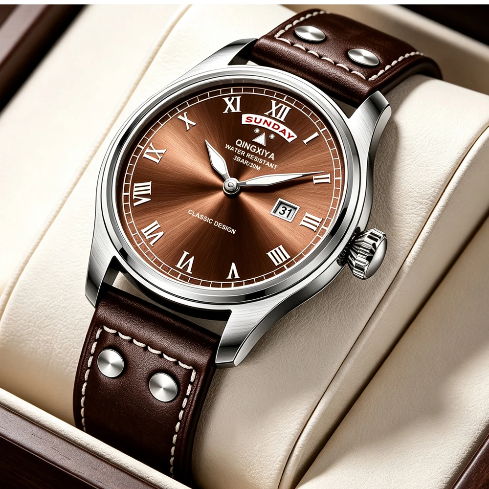 QINGXIYA Modische Casual Herren Quarzuhr Luxus Leder Wasserdichte Sportuhr Militäruhr für Männer Relogio Masculino – Detail 2