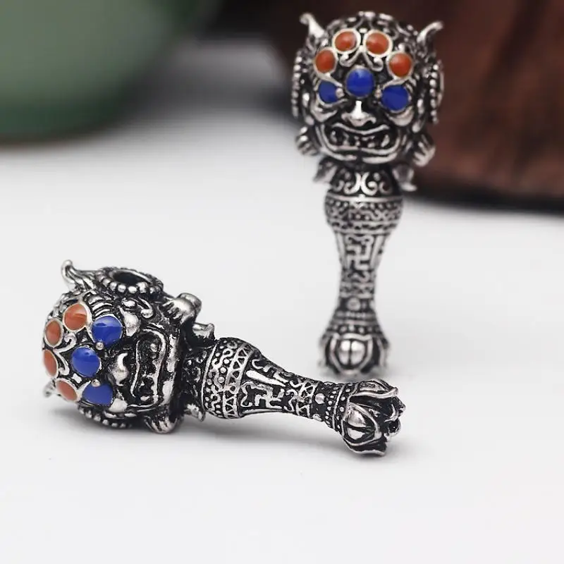 43Mm Old Chinese Miao Silver Mahakala Wrathful Deity Buddha Head Amulet Pendant