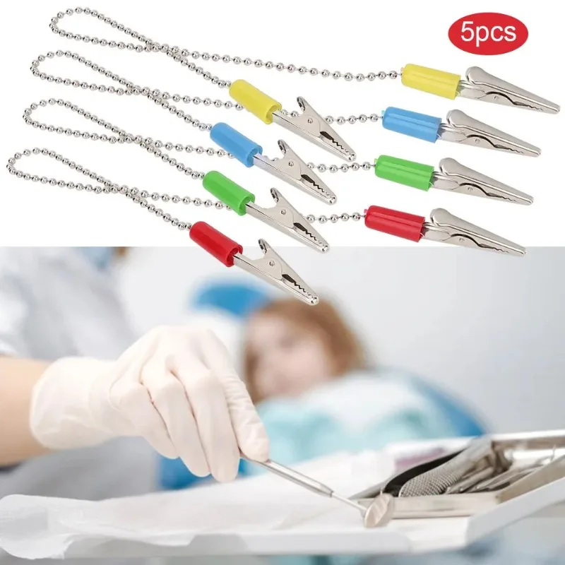 5 Mouth Spring Clips Dental Lab Bib Clips Napkin Holder with Flexible Stainless Steel Ball Chain Dentist Supply Reusable