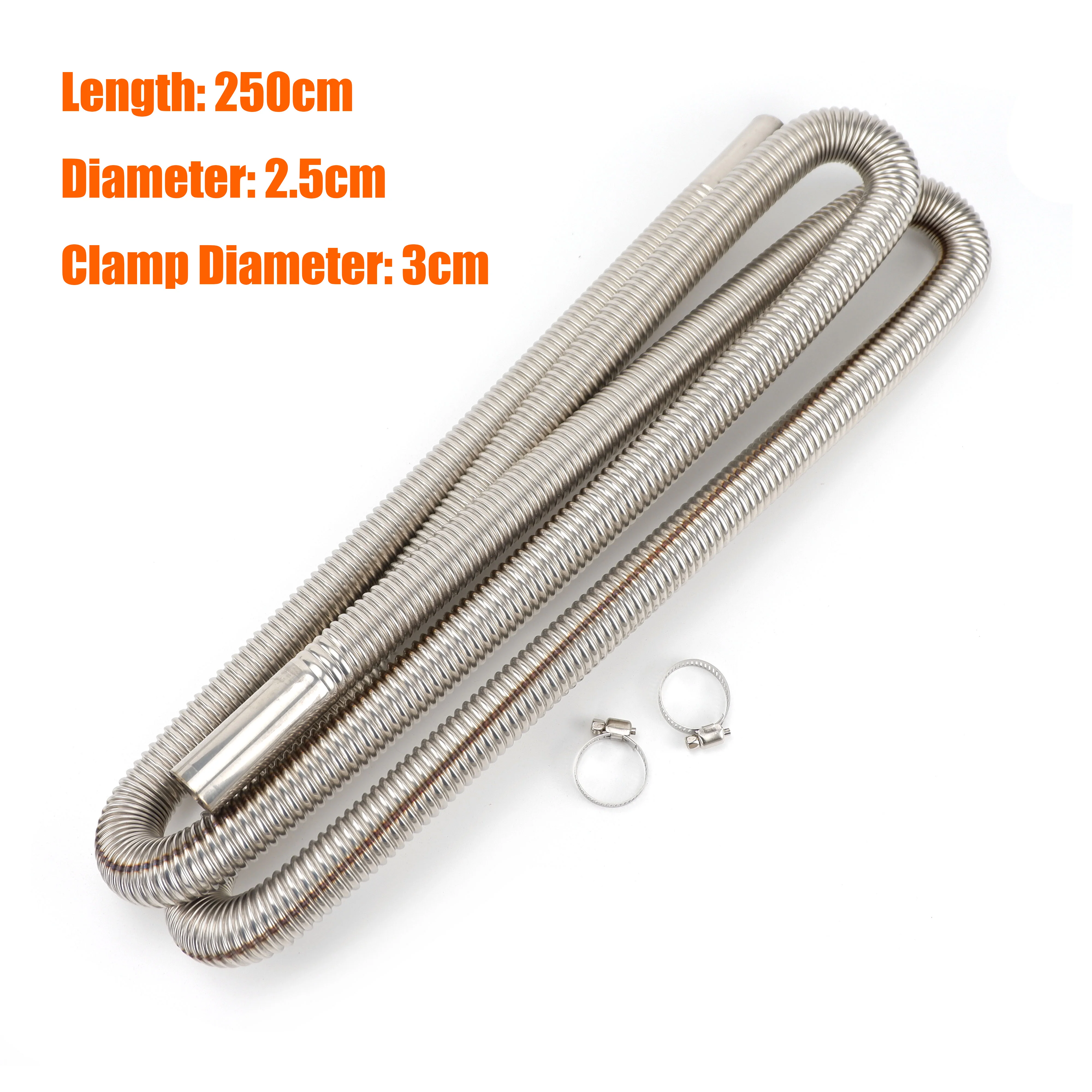 

250cm Air Diesel Parking Heater Stainless Steel Exhaust Pipe Tube Gas Vent Hose For Car Camper Caravan Truck Silver