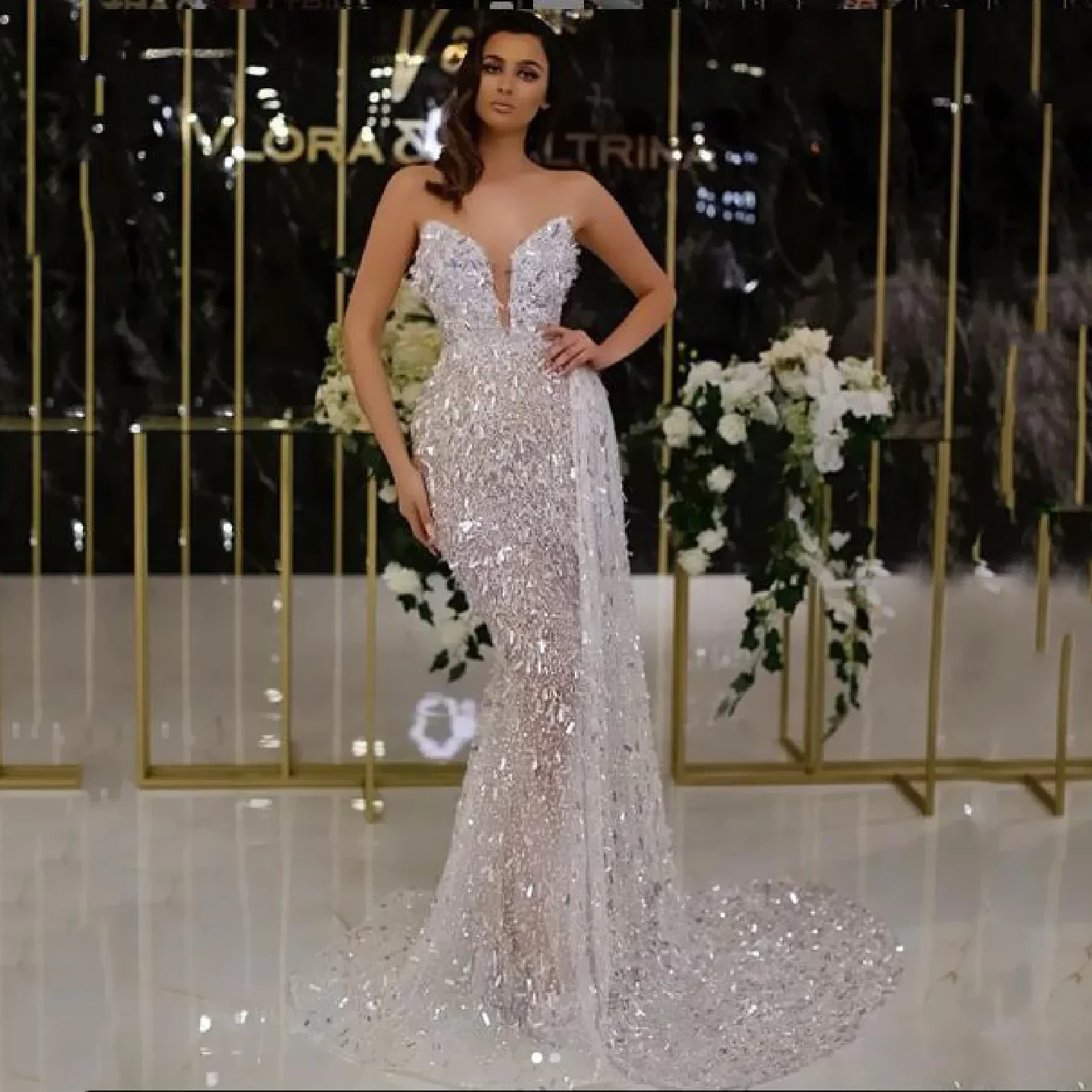 Moda de luxo sereia vestidos de casamento para mulheres querida pescoço sem mangas vestido de noiva pérolas lantejoulas robe vestidos de novia