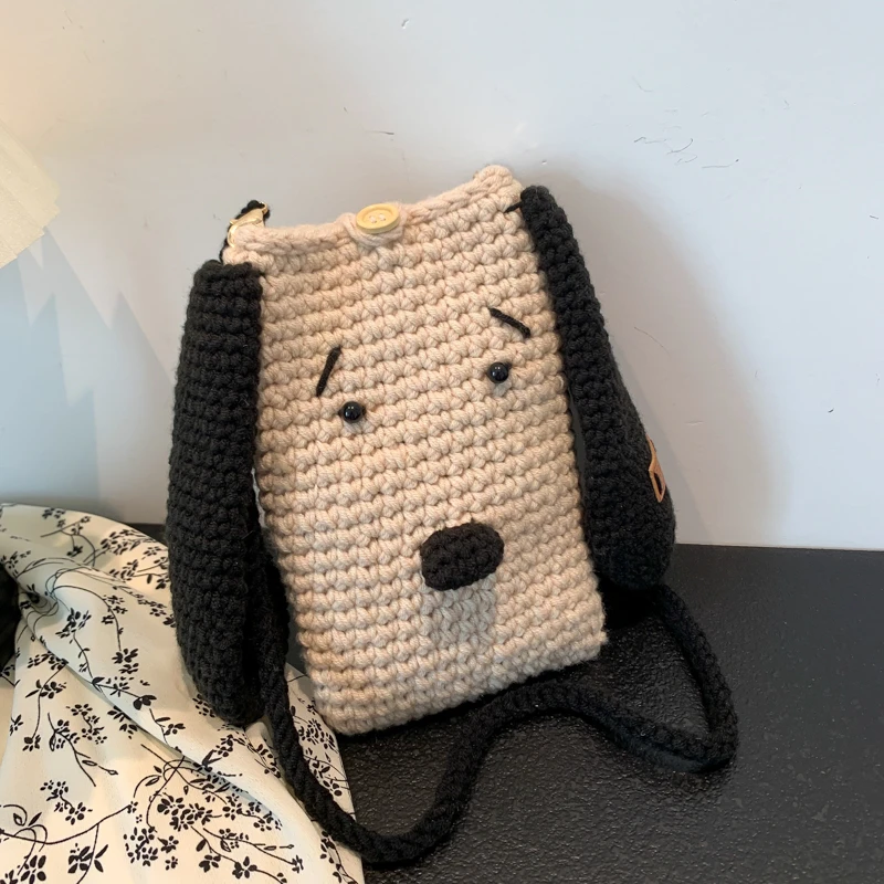 Handmade Woven Bag For Women Woolen Shoulder Crossbody Bag Cute Knitted Cartoon Bag Young Girl Crochet Snoopy Mobile Phone Bag