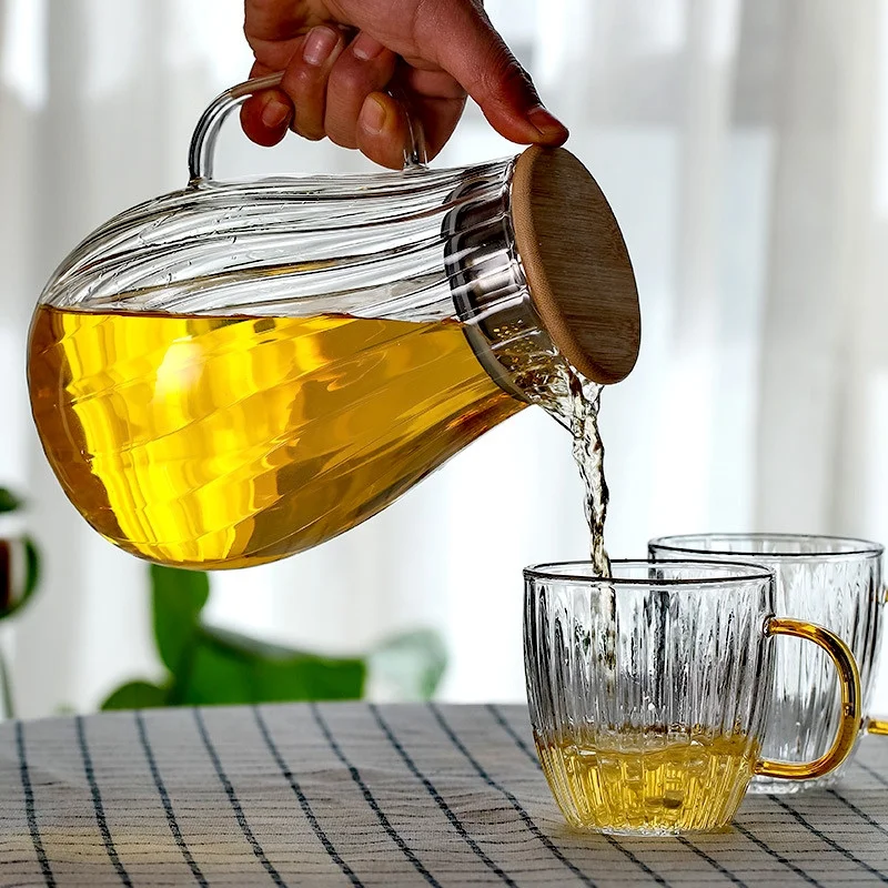 

Large-capacity Glass Vertical Stripes Cold Kettle Lemon Beverage Juice Drink Bottle High Temperature Resistance Home Tea Pot