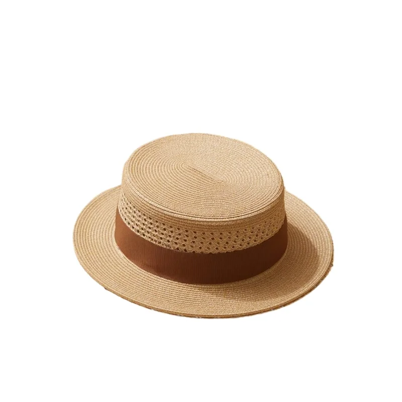 Summer French flat straw hat children sunshade UV protection big head around men's hat holiday seaside hollow weave