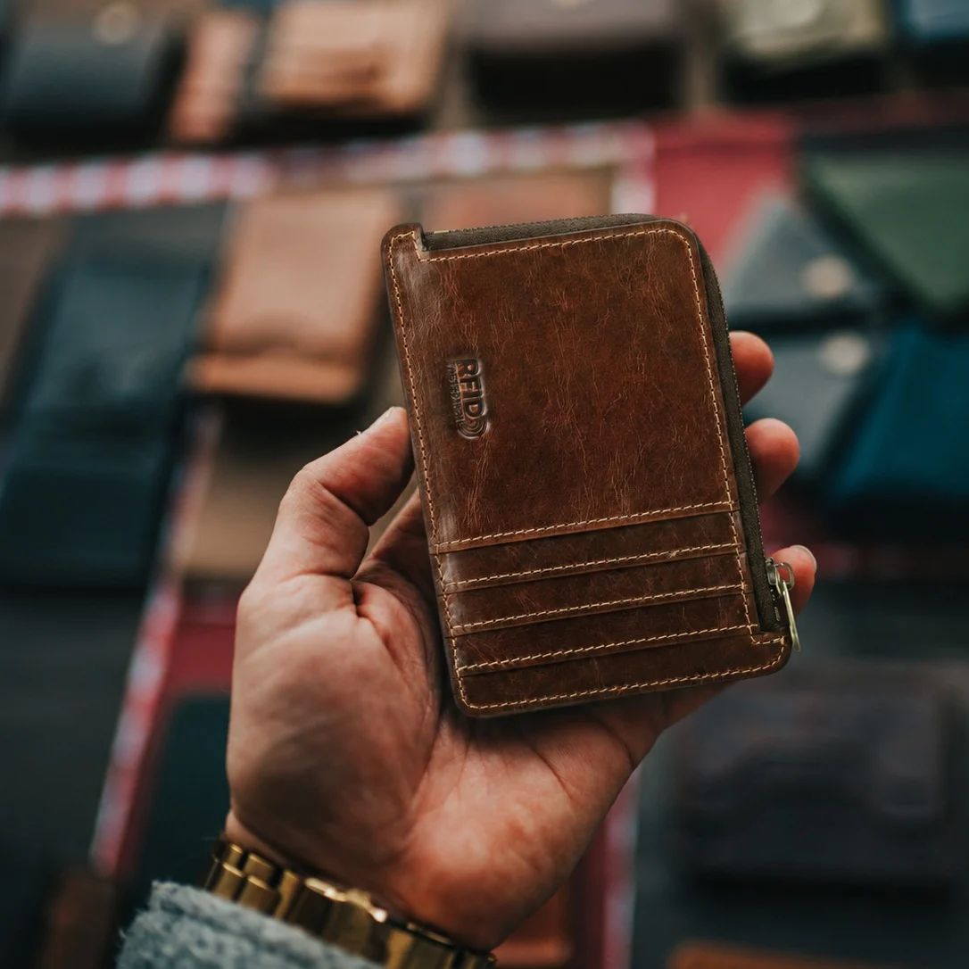 CONTACTS Full-Grain Leather RFID Card Wallets Card Holder Mini Case Zipper Wallet for Man Coin Purse Small Pocket