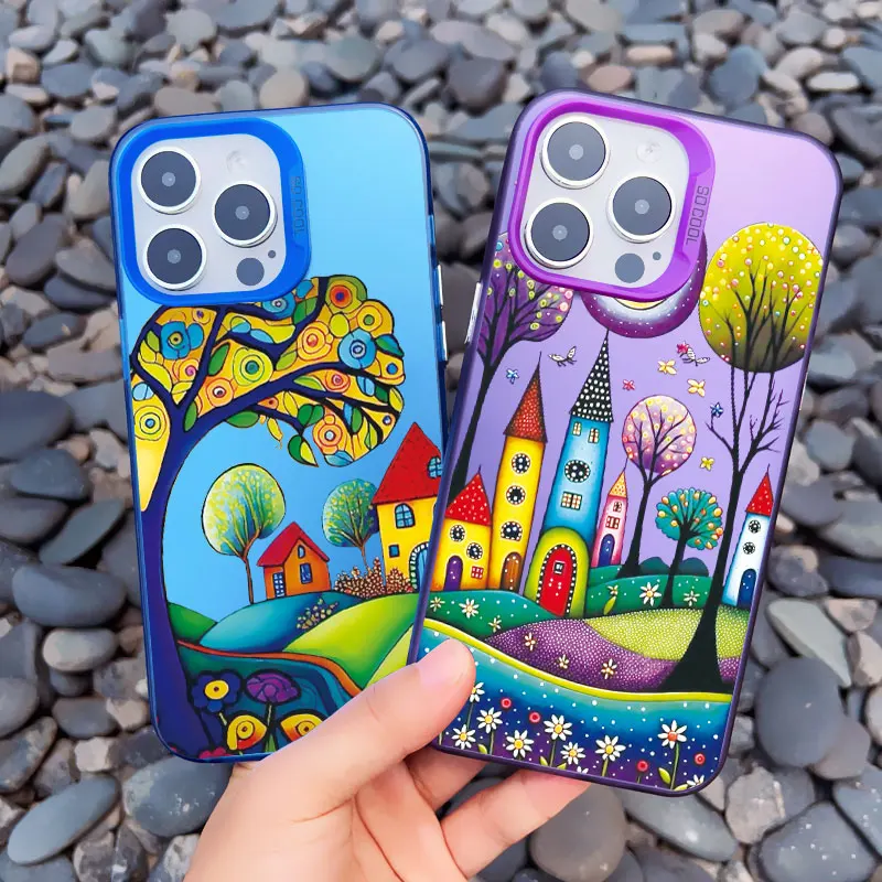 Hand Painted Forest House Phone Case For iphone 16 15 14 Pro Max Plus 11 13 12 Pro Max Mini Shockproof Laser Back Cover Funda