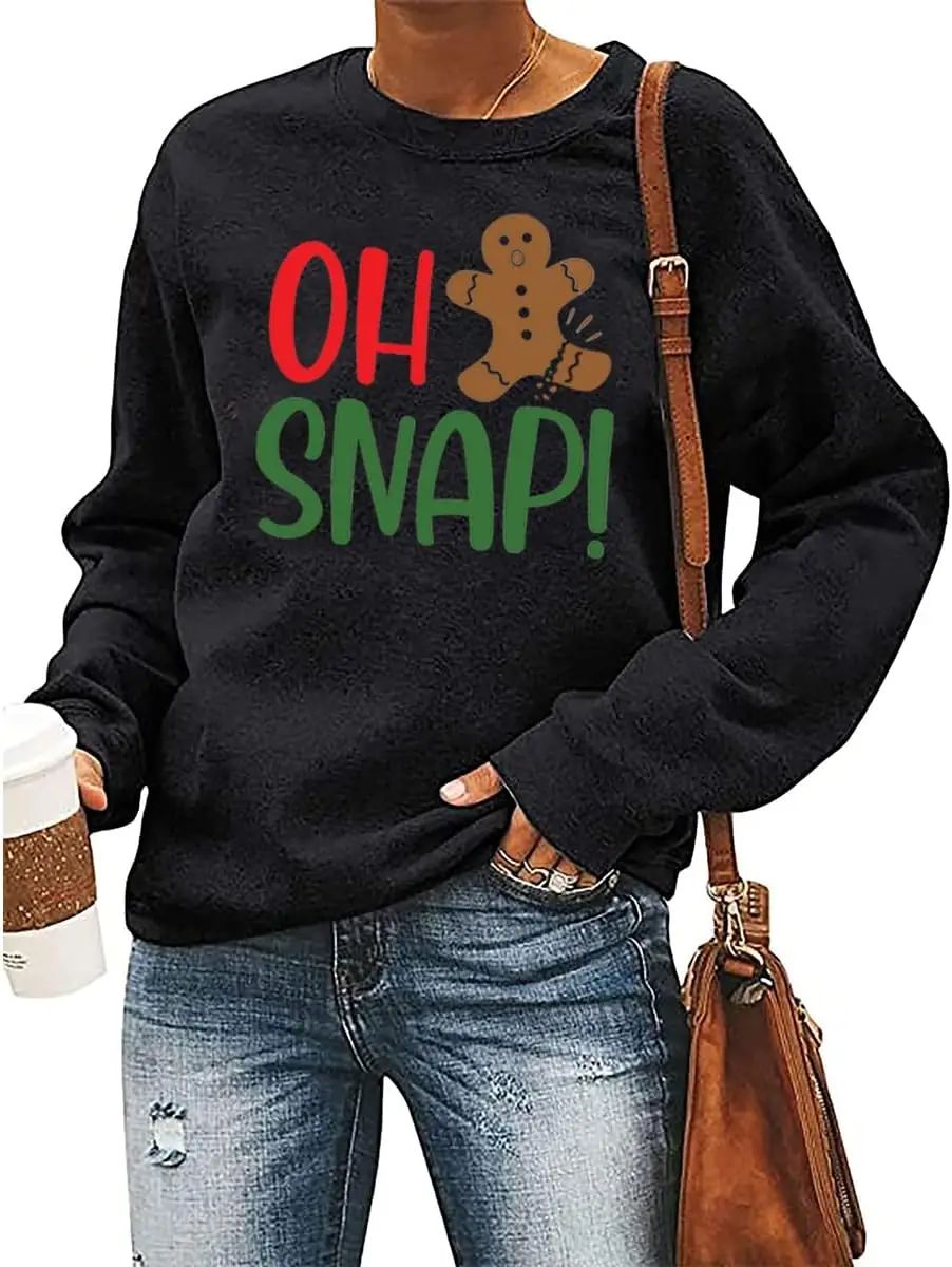 TSIIUO Women's Oh Snap Christmas Sweatshirt Funny Cookie Lovers Gift Broken Gingerbread Man Pullover Tops Holiday Tees