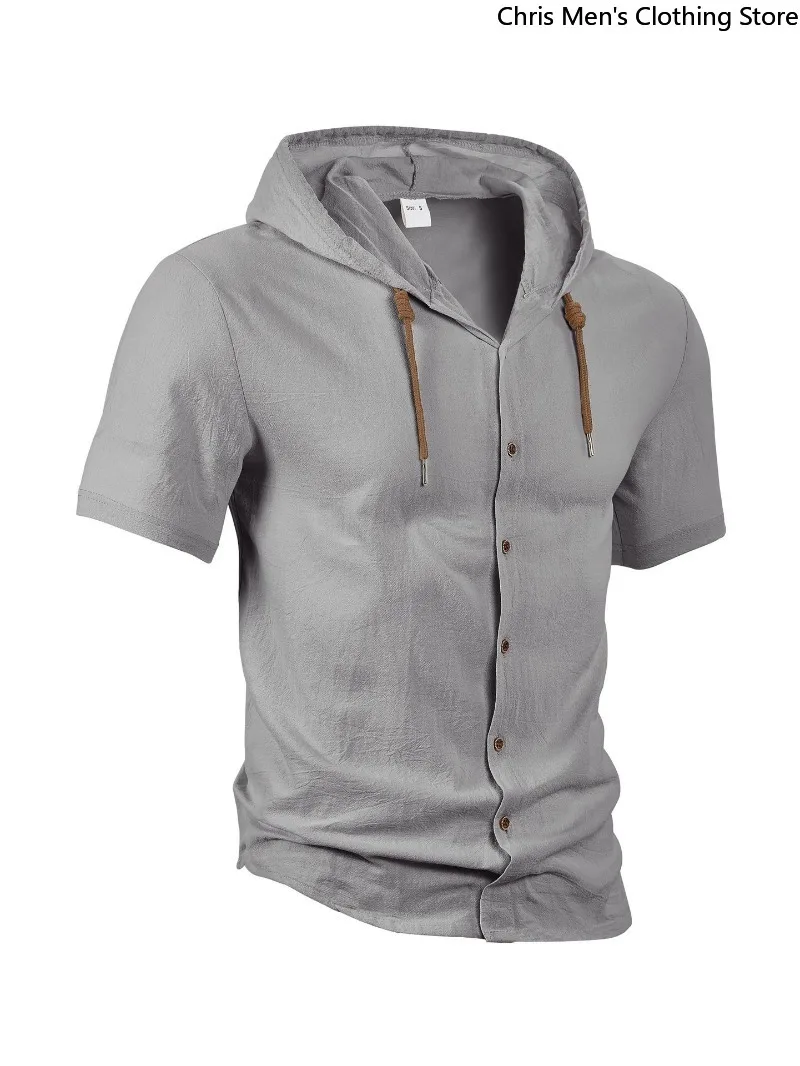 เสื้อยืดผู้ชายวันหยุดสบายๆ เสื้อเชิ้ตผ้าลินินแขนสั้นมีฮู้ดผู้ชาย - เสื้อยืดน้ำหนักเบาและสะดวกสบายเสื้อผ้าผู้ชาย