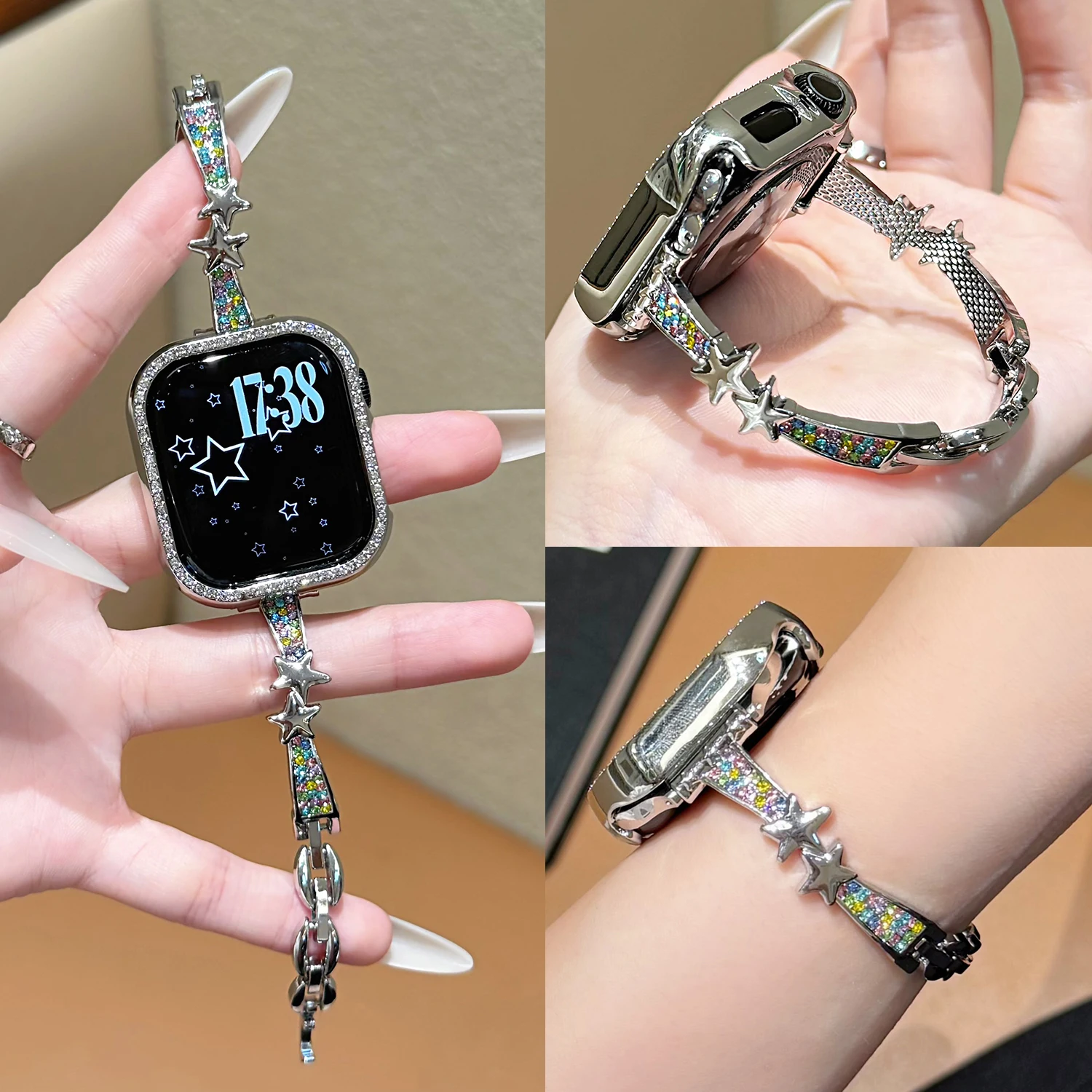 Double Meteor Sparkling Diamond Strap for Apple Watch 49 46 45 44 42-38mm Fashion Girls Strap for S11 10 9 8 7 SE-4