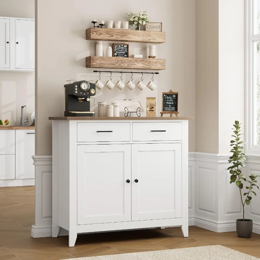 Farmhouse Kitchen Storage Cabinet for Small Buffet or Coffee Bar, White Wood, Rustic Charm and Ample Shelving
