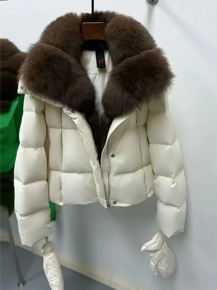 เสื้อโค้ทขนห่านแท้ ปกขนสุนัขจิ้งจอกธรรมชาติ แจ็คเก็ตขนสัตว์หรูหรา แจ็คเก็ตขนสัตว์แท้สำหรับผู้หญิง ไซส์ใหญ่ สไตล์ลำลอง อุ่นสบาย เสื้อพาร์กาขนสัตว์แท้ เสื้อแจ็คเก็ตพัฟเฟอร์
