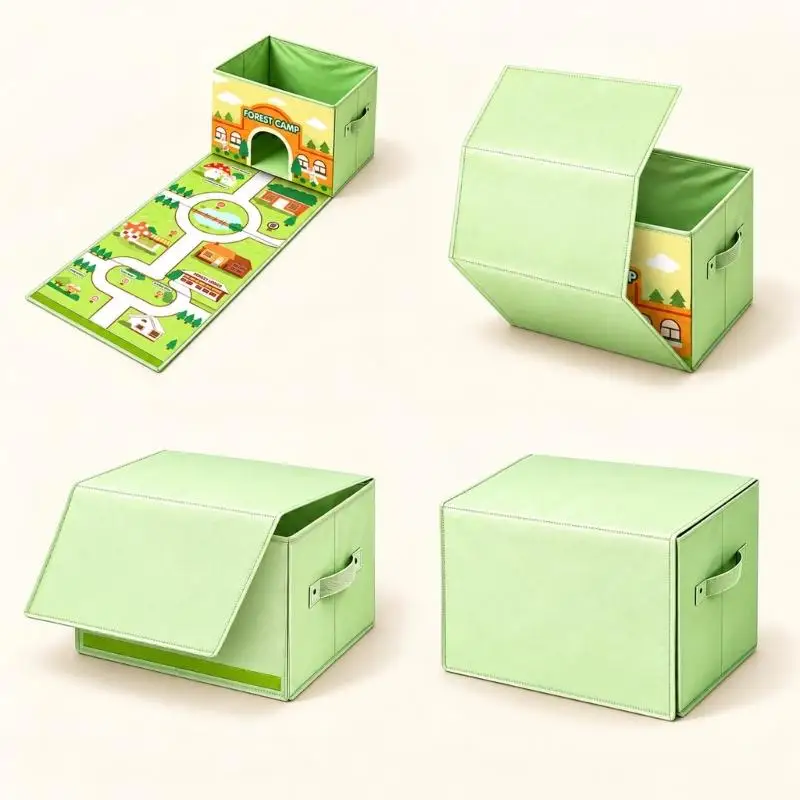 652F Forest Camp Road Play Mat and Toy Storage Bin, Convertible Design with Arched Opening for